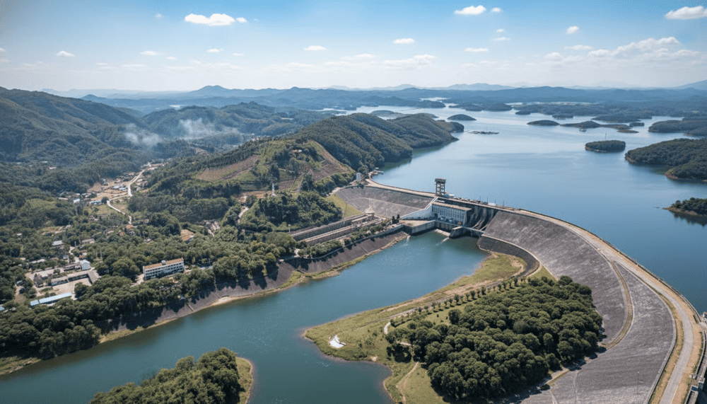 The monumental Thac Ba Hydropower Plant beside calm reservoir waters